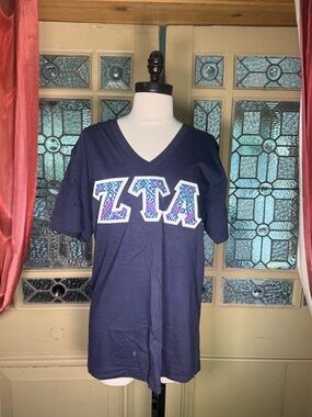 American Apparel Navy Short Sleeve V-Neck Tee with Purple & Teal Lettering